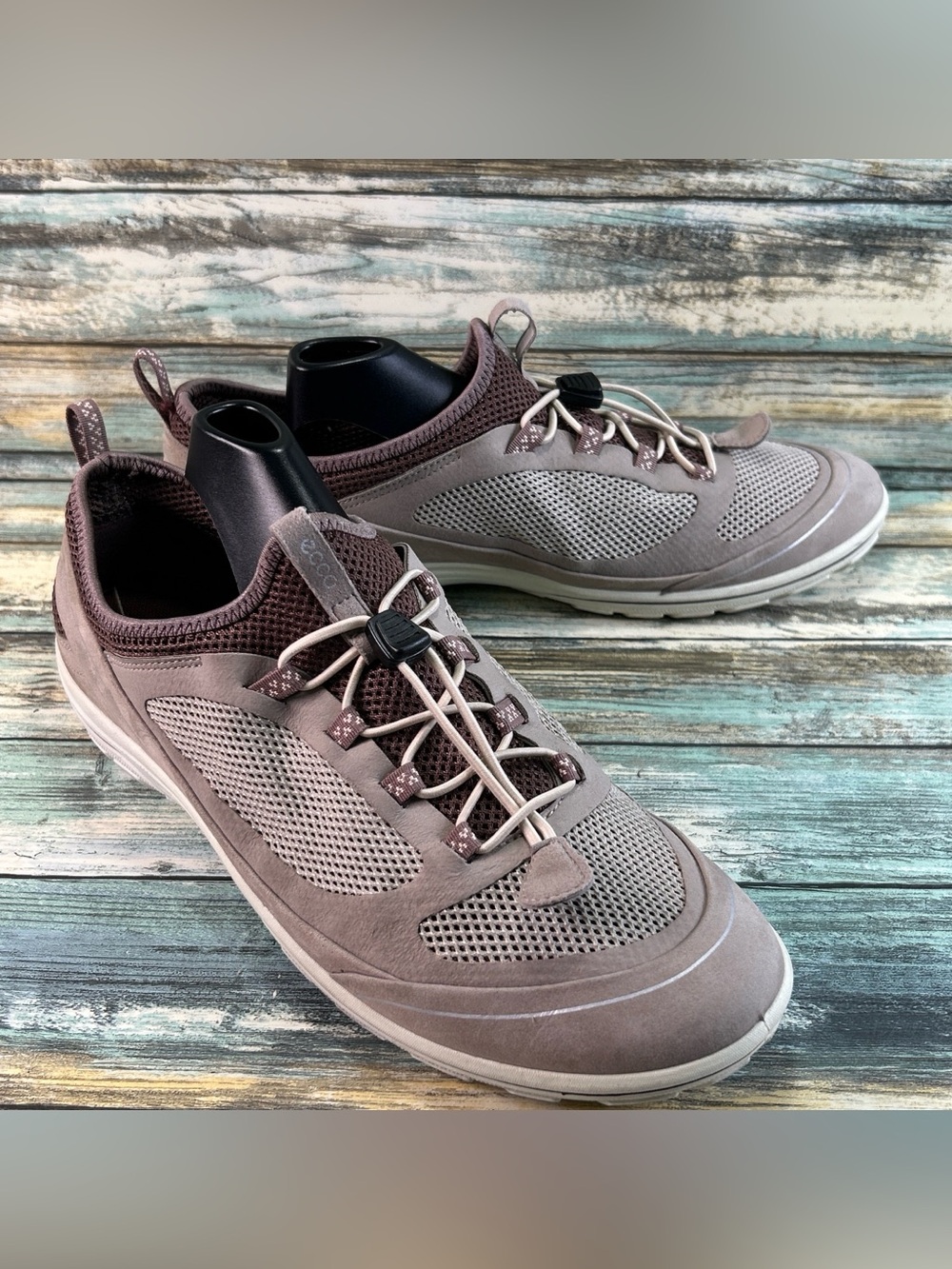 ECCO Arizona Casual Sneakers 9-9.5/40 Drawstring Tennis Shoes Taupe Mesh Leather